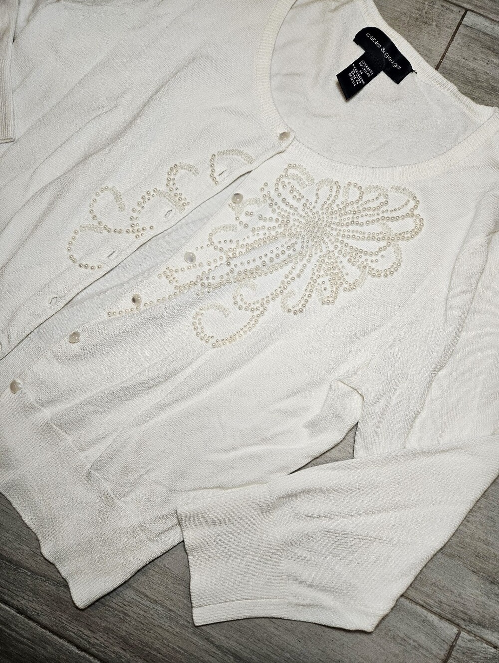 Cable & Gauge White Embellished Pearl Cardigan